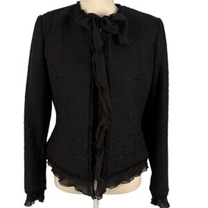 Perry Ellis Black Blazer Tweed Wool Blend Ruffle Bow Jacket Womens Size 8